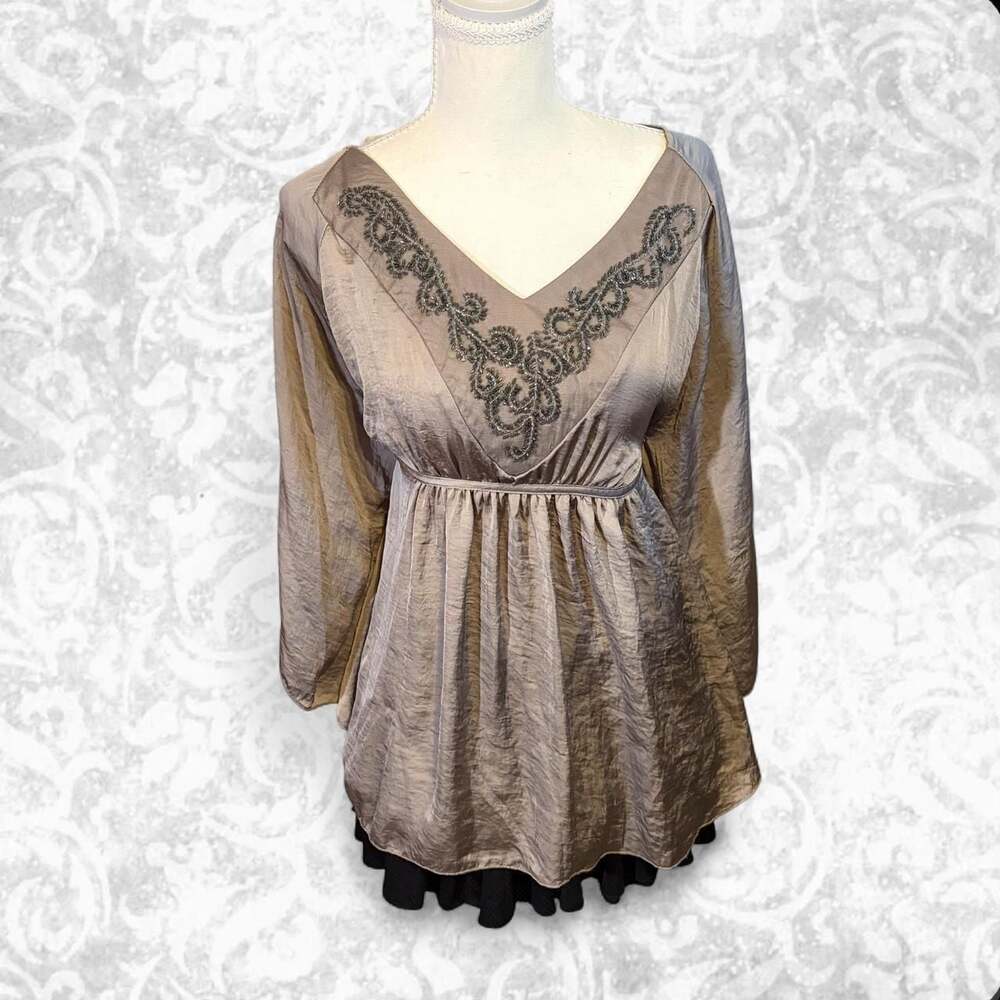Lilly Lou Gray Babydoll Blouse Beaded Butterfly Neckline Top